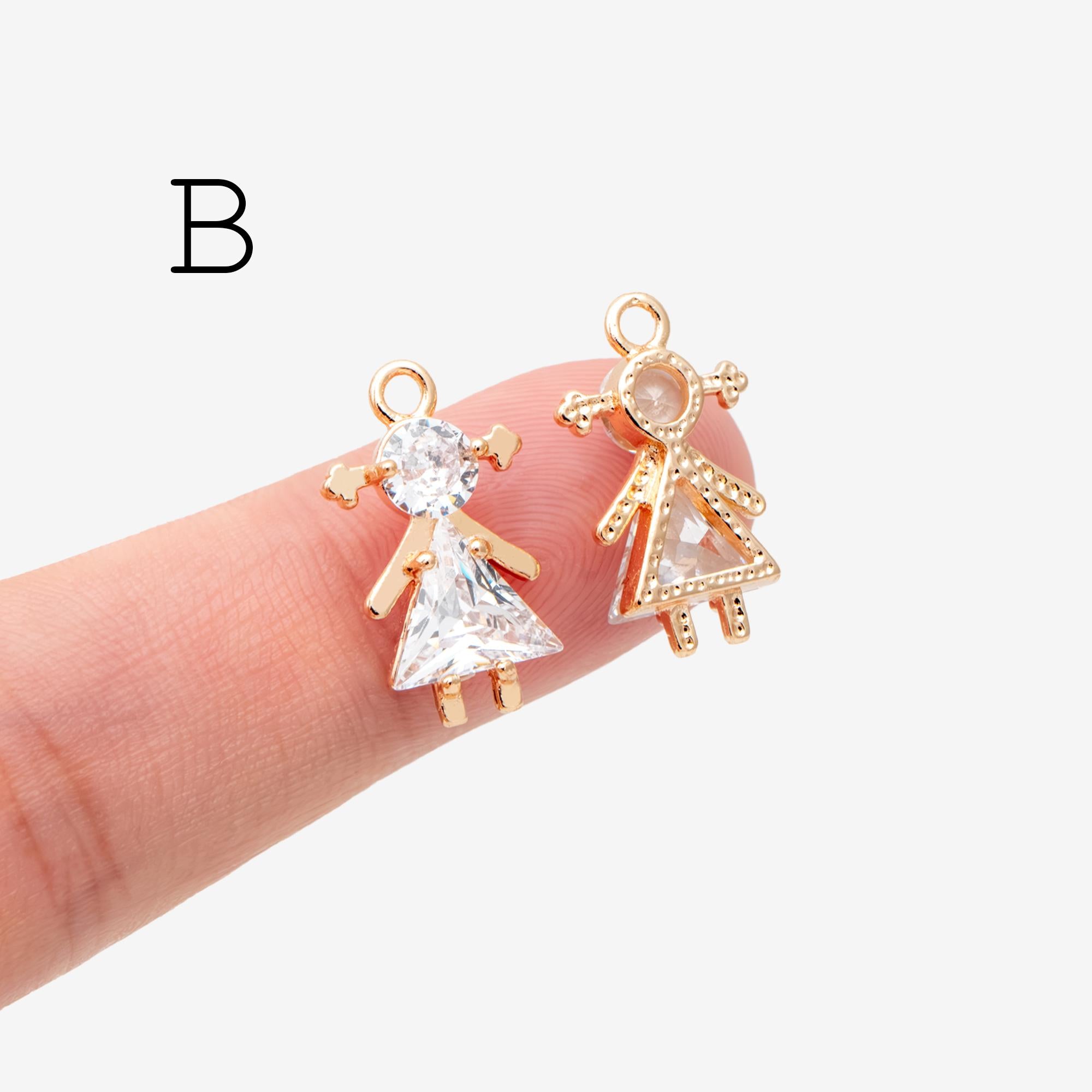 10pcs Gold Boy and Girl Charms 18mm, Gold plated Brass Cubic Zirconia Pendants (GB-172)